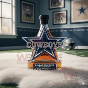 A Cowboys themed star bottle resting on a white rug with sports decor and natural window light filling the room!
