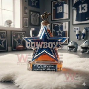 A decorative star bottle featuring team colors set on a white rug with helmets footballs and framed uniforms in the background!