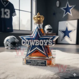 A Cowboys star bottle placed on a white rug with sports memorabilia and window light in the space behind it!