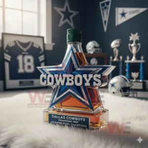 A Cowboys bottle shaped like a star positioned on a white rug with sports themed decor throughout the room!