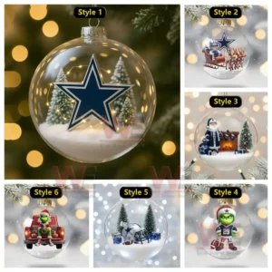 A collage of six Dallas Cowboys themed Christmas ornaments displayed with snowy scenes and decorative figures inside clear spheres.