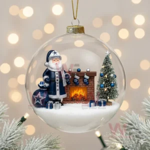 A clear Christmas ornament with a Dallas Cowboys Santa scene including a fireplace tree and presents.