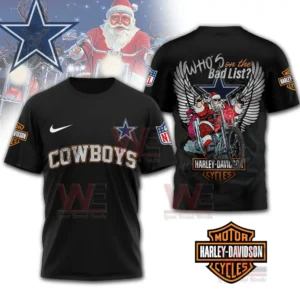 Black shirt displaying cowboys branding on the front and a holiday motorcycle graphic on the back!