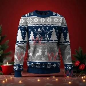 Blue and gray Christmas sweater with a large star on the front and festive reindeer and snowflake knit designs!