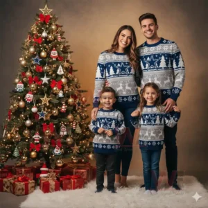 Family in matching blue and gray Cowboys Christmas sweaters standing by a decorated tree with gifts and ornaments!