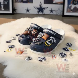 Dallas Cowboys Crocs Crocband Clogs With Charms 9 Blue Dallas Cowboys clogs with football charms displayed on a white furry rug in a team decorated room!