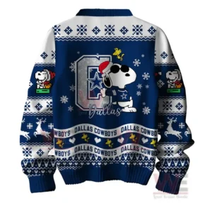 Dallas Cowboys Premium NFL Peanuts Snoopy Ugly Sweater 5 Dallas Cowboys Christmas sweater back view with Snoopy in a Cowboys jersey and snowflakes.