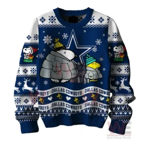 Dallas Cowboys Premium NFL Peanuts Snoopy Ugly Sweater 6 Dallas Cowboys Christmas sweater front view with Snoopy and Woodstock in winter clothing and Cowboys logo.