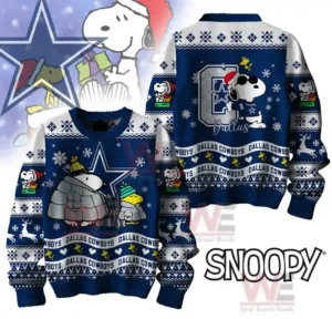 Dallas Cowboys Premium NFL Peanuts Snoopy Ugly Sweater 7 Dallas Cowboys Christmas sweater with Snoopy and Woodstock in winter gear, snowflakes, and Cowboys logo.