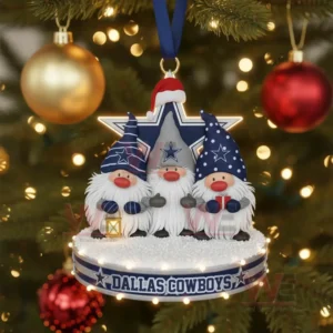 Three decorative gnomes in blue and gray clothing hang from a Christmas tree as part of a festive ornament with a star emblem above them!