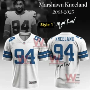Dallas Cowboys white jersey dedicated to Marshawn Kneeland 2001–2025 with his name number 94 and autograph!