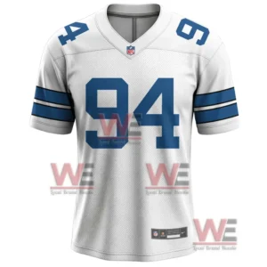 Front view of Dallas Cowboys white jersey with blue number 94 design!