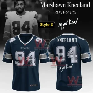 Dallas Cowboys navy jersey honoring Marshawn Kneeland 2001–2025 with name number 94 and autograph!