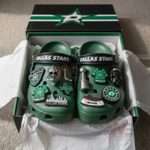 Dallas Stars Crocs inside a branded box with hockey-related charms.