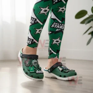 Dallas Stars-themed Crocs worn with team logo leggings.