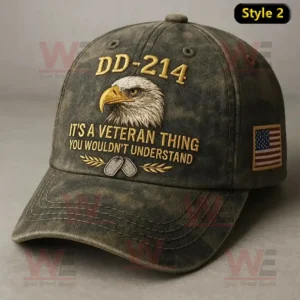 Green DD-214 veteran cap with bald eagle embroidery dog tags and American flag patch on gray background!```