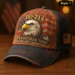 DD-214 veteran hat with bald eagle embroidery American flag background and patriotic design on wooden surface!