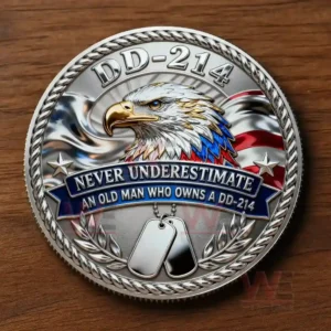 A coin front view displaying an eagle with a patriotic design and a banner honoring a veteran with a dd two one four record!