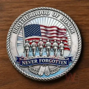 A coin back view displaying marching soldiers beneath a large flag with a message of never forgotten!