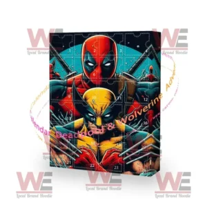 A Deadpool and Wolverine advent calendar with colorful comic art showing both characters in strong heroic poses ready for action!