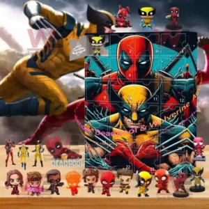 A composition featuring an advent calendar with Deadpool and Wolverine surrounded by small collectible figures and a dramatic action background of their battle!