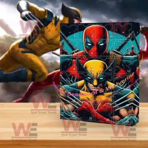An advent calendar featuring Deadpool and Wolverine artwork in front of a blurred action background where the two characters are engaged in combat!