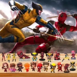 An intense action scene featuring Wolverine attacking Deadpool with claws extended above a wooden table displaying small chibi-style Marvel figures including Deadpool and Wolverine!
