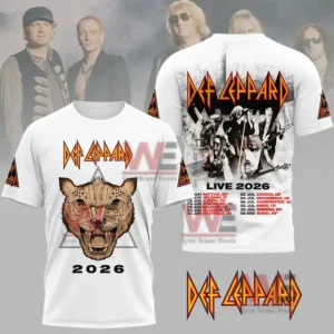 White Def Leppard twenty twenty six tour shirt with leopard artwork on front and band photo collage with tour dates on the back.