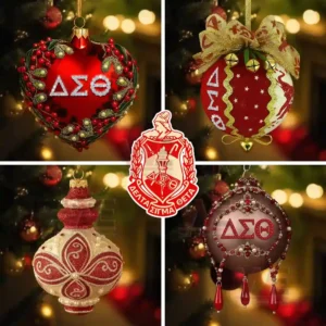 Delta Sigma Theta themed red and gold Christmas ornaments with festive decorative patterns.