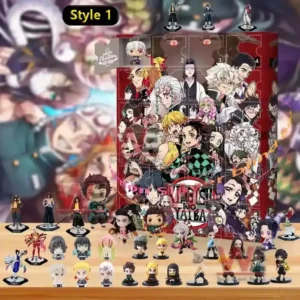 Demon Slayer Style 1 advent calendar with miniature figures displayed in front of a decorated box.