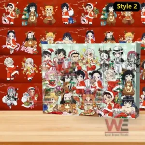 Demon Slayer Style 2 advent calendar with chibi characters in Santa outfits on a red festive background.
