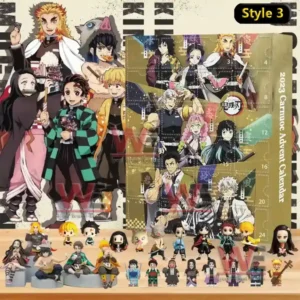 Demon Slayer Style 3 advent calendar with gold themed box and multiple small collectible figures arranged in front.