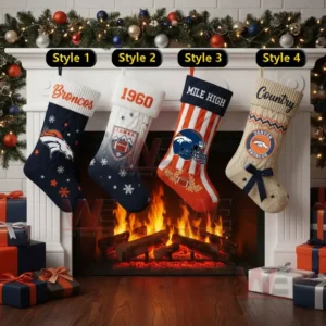 Four themed Christmas stockings in various colors hang over a lit fireplace with holiday decorations and presents nearby!