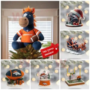 A Denver Broncos Christmas decoration set with a plush horse tree topper and multiple themed ornaments inspired by football and the team logo!