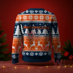 Orange and blue Christmas sweater with BRONCOS text on the back surrounded by festive snowflake and reindeer patterns!