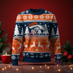 Denver Broncos NFL Christmas Ugly Sweater 2025 4 Orange and navy blue Christmas sweater with a white horse logo and festive knit details of reindeer and snowflakes!