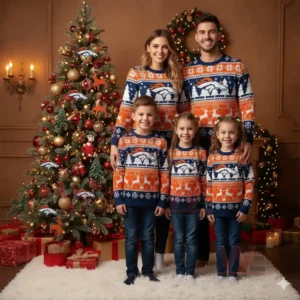 Denver Broncos NFL Christmas Ugly Sweater 2025 5 Family in matching orange and blue Broncos Christmas sweaters standing by a decorated Christmas tree with presents and ornaments!