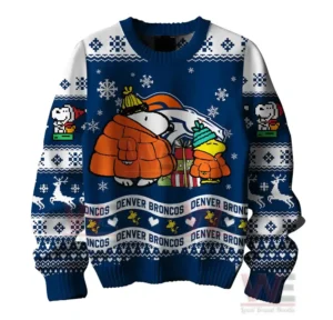 Denver Broncos Premium NFL Peanuts Snoopy Ugly Sweater 5 Denver Broncos Christmas sweater front design with Snoopy and Woodstock in winter clothing and the Broncos logo.