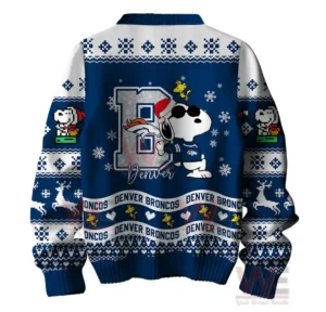 Denver Broncos Premium NFL Peanuts Snoopy Ugly Sweater 6 Denver Broncos Christmas sweater back view with Snoopy in a Broncos jersey and snowflakes.