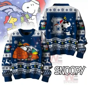 Denver Broncos Premium NFL Peanuts Snoopy Ugly Sweater 7 Denver Broncos Christmas sweater with Snoopy and Woodstock in winter clothing and the Broncos logo.