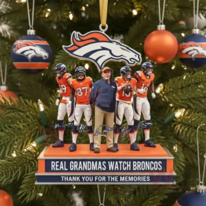 A Denver Broncos themed sweater featuring Snoopy and Woodstock in winter attire with snowflakes and Broncos logos.