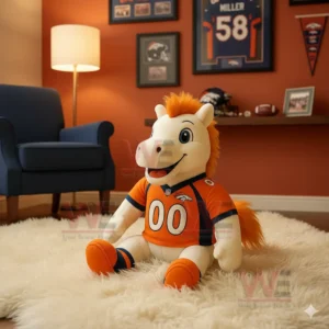 Denver Broncos plush horse mascot wearing an orange jersey sitting on a fluffy rug in a decorated room.