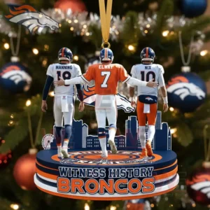 Denver Broncos Witness History Broncos Ornament 3 Alt text: A Christmas ornament with figures of Peyton Manning, John Elway, and Nix in Broncos uniforms.