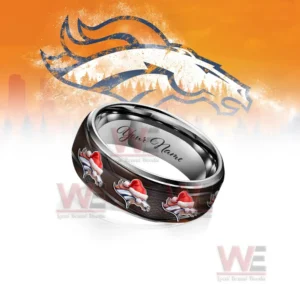 Denver Broncos x Christmas Silver Tungsten Rings 7 A close-up of a personalized Denver Broncos Christmas-themed silver tungsten ring, showcasing the team logo and the space for engraving a name.