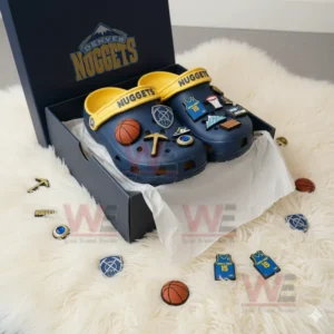 Denver Nuggets-themed Crocs with basketball charms inside a box.