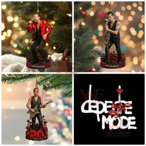 A collage of three performer ornaments and one graphic logo all presented in a festive holiday style!
