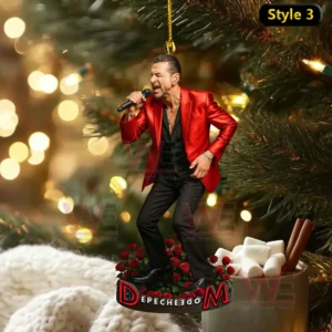 Depeche Mode Band Special Ornament 7 A performer ornament in a red jacket singing above a rose covered base with the letters DM!