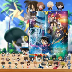 Detective Conan advent calendar displayed with numerous small character figures on a wooden table against a colorful animated background.