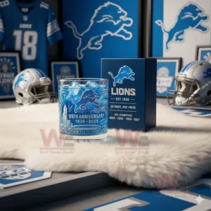 A clear view of a Detroit Lions anniversary glass with ice standing next to a matching box in a well lit sports themed room!