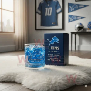 A close view of a blue Detroit Lions anniversary glass with ice next to a themed box in a decorated sports room!